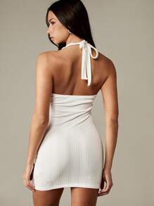 MISSGUIDED Đầm ngắn cổ yếm có gân ôm sát dự tiệc câu lạc bộ đêm đi chơi buổi tối ngày lễ kỳ nghỉ mùa hè mùa xuân thời trang ôm sát cơ thể ngắn không tay - trắng - Xem 2