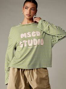 MISSGUIDED Camiseta de manga larga con estampado gráfico oversize, diseño de rayas de estilo casual de calle, moda de otoño, invierno y primavera con texto clásico impreso - Verde - Ver 1