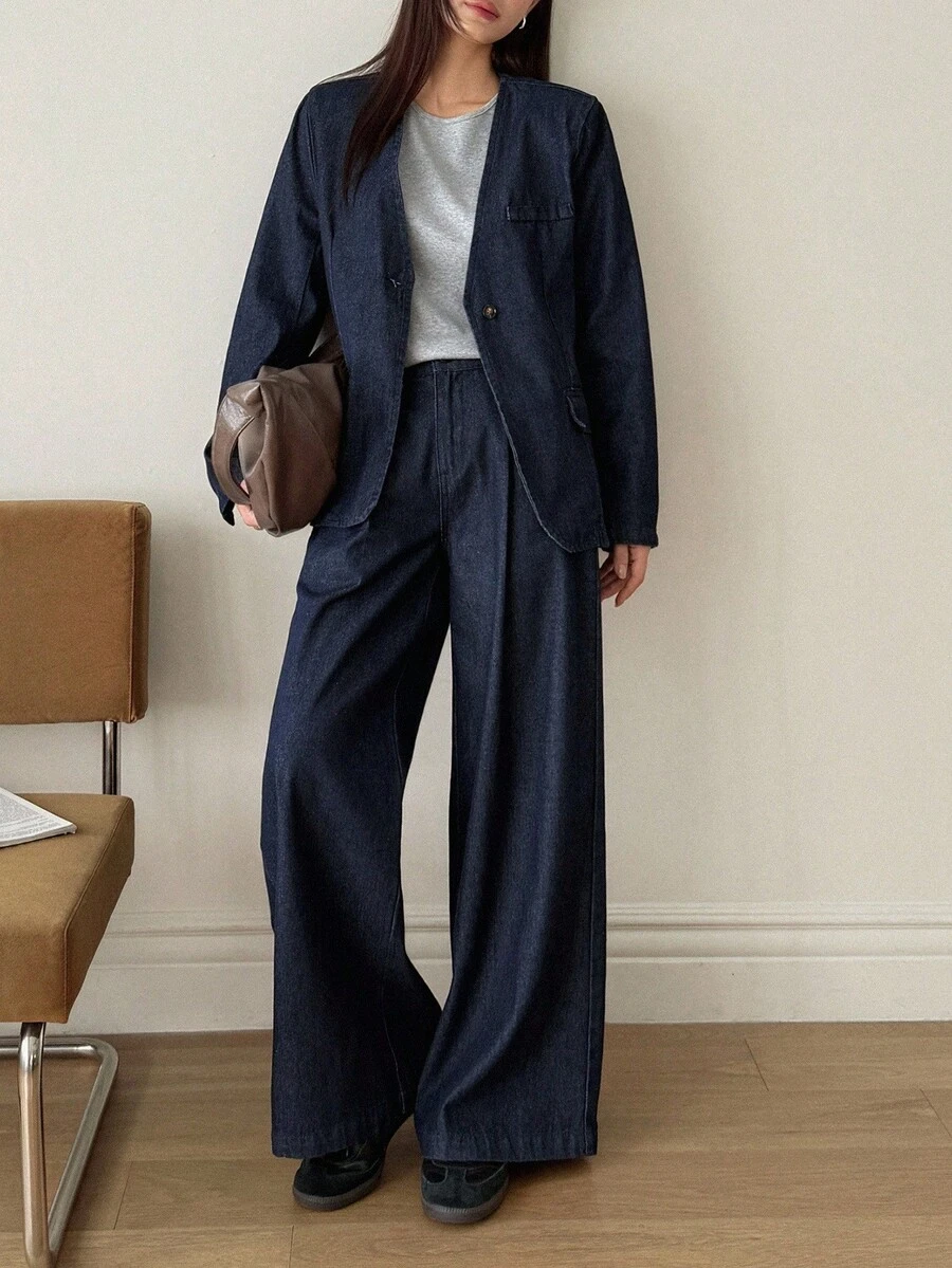Women's V-Neck Denim Blazer Jacket And Loose Wide-Leg Pants 2 Pieces Casual Denim Suit Set - Medium Wash - View 1