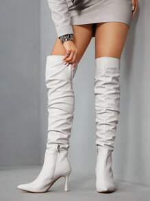 CUCCOO SZL 女士时尚尖头细高跟白色高筒靴，褶皱过膝靴，性感派对宴会夜总会高跟鞋 - 白色 - 查看 7