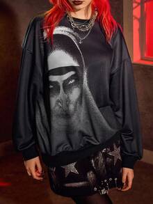 The Nun X SHEIN Áo nỉ dài tay cổ tròn in hình nhân vật phim kinh dị màu đen - màu đen - Xem 4