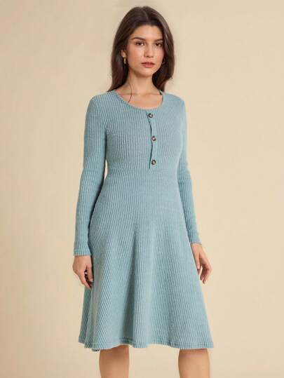 SHEIN LUNE Vestido casual de manga larga con cuello redondo y botones frontales de unicolor y largo medio para mujer