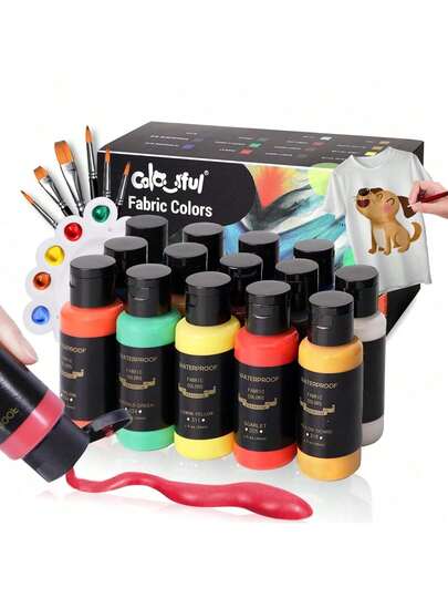 Set de 12/24 colores de pintura de tela para ropa con 6 pinceles, 1 paleta, kit de pintura textil esponjosa permanente para zapatos, lienzo, 14/26 colores, 30ml/1.01oz cada tubo
