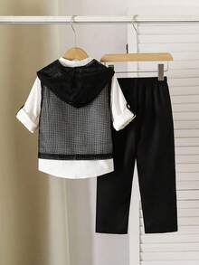 SHEIN 男童立领长袖双面袖口衬衫、裤子和网眼连帽背心三件套 - 黑色 - 查看 2