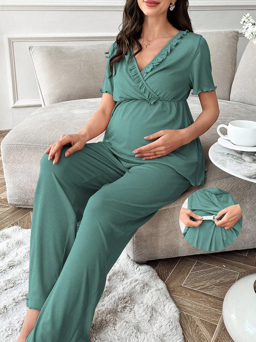 Moonlight&Mama Bộ đồ ngủ bà bầu tay ngắn cổ chữ V viền bèo nhún màu trơn - màu xanh lá - Xem 1