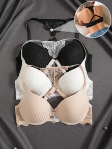 SHEIN 3件套前开扣性感蕾丝拼接文胸套装 - 彩色 - 查看 3