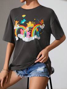 SHEIN X Care Bears Cartoon Pattern Cute Loose Short Sleeve T-Shirt For Women, Summer