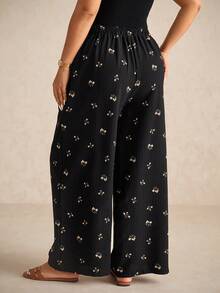 Elaquor 大码女装春夏时尚休闲宽松舒适清凉日常基本百搭黑色小碎花纹理面料松紧腰阔腿裤，女式下装，宽松裤，可爱夏装，欧洲夏季，度假裤，女士机场装，女士休闲装 - 黑色 - 查看 2