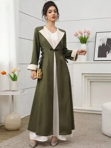 Al Najma 经典军绿色撞色领口系带多层风衣 - 軍綠色 - 查看 5