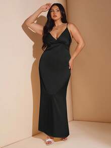 SHEIN BAE 大码女式无袖 V 领露背长款缎面连衣裙，适合度假、音乐节、生日、早午餐、婚礼宾客、优雅礼服派对礼服 - 黑色 - 查看 4
