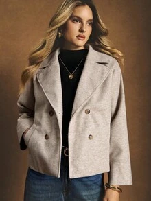 Poéselle 短款双排扣翻领大衣 – 女士时尚百搭双排扣大衣，简约别致的冬季假日及圣诞节外套（2025款） - 杏色 - 查看 5