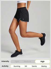 GLOWMODE Pantaloncini da running a delfino in rete ultra traspirante, con spacco anti-sfregamento, coulisse, tasche, riflettente, per allenamento di impatto medio, palestra, estate, notte - nero - Visualizzare 7