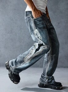 ROMWE MEN Street Life Jeans casuales y versátiles para hombres con cierre de botones y pierna entallada - Azul - Ver 4