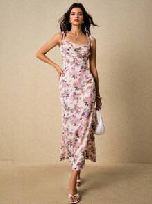 Poéselle Váy họa tiết hoa thanh lịch dành cho nữ, mùa hè - Màu tím hoa cà - Xem 5