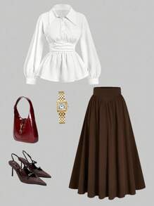 Velvienne Bộ 2 áo cánh và chân váy màu trơn thời trang cỡ lớn dành cho nữ, phong cách thanh lịch cho mùa xuân và mùa thu - Nhiều màu - Xem 1