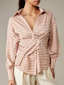 MISSGUIDED Elegant Checkered Button Down Blouse With Cinched Waist Asymmetric Front Office Business Professional Winter Fall Work Top Long Sleeve Classic Feminine
