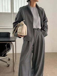 DAZY 女士立领短款系带风衣外套和宽松阔腿裤休闲套装，两件套，家居服套装 - 灰色 - 查看 3