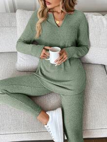 SHEIN LUNE 2 件套女士长袖 T 恤和紧身裤，毛绒罗纹粉色套装，秋冬 - 薄荷綠 - 查看 1