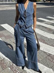 DAZY 女士休闲牛仔背心和裤子套装 - 藍色 - 查看 3