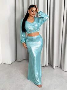 Sirith 女士秋季亮面V领长袖露脐上衣和褶皱紧身鱼尾裙套装，时尚派对秋季女装 - 薄荷藍 - 查看 4