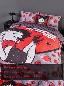 Betty Boop x SHEIN 3pcs Cartoon Character & Rose Floral Lip Kiss Print Reversible Bedding Set, Gifts,Suitable For Single Bed/Double Bed/Queen Bed/King Bed, Dormitory/Home,Gift Ideas,Party,Holiday,Valentine's Day - Multicolor - View 7