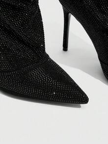 CUCCOO SZL Women's Rhinestone Pointed Toe Stiletto Heel Ruched Over-The-Knee Boots, Fashion For Dates And Parties For Christmas Spring Shoes - Black - View 4