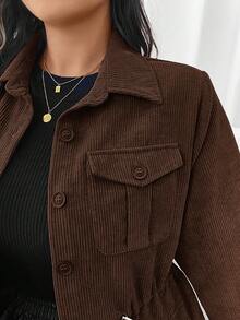 SHEIN Frenchy Plus Flap Pocket Drawstring Waist Jacket,Barnfit,Barn In Fall/Winter - Chocolate Brown - View 6