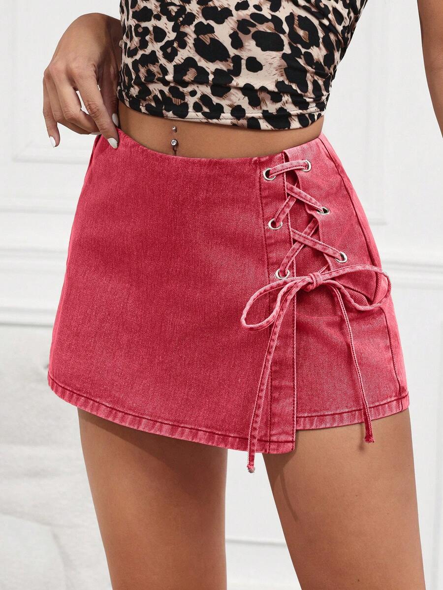 SHEIN Tall Pantaloni scurți din denim cu bretele încrucișate, casual, pentru femei, de vară - roșu - Vizualizare 1