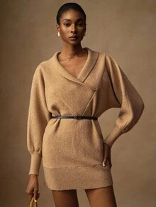 Lyxana Women's Solid Color Wrap Around Elegant Long Sleeve Sweater Dress Fall Winter Cloth For Women - Khaki - View 7