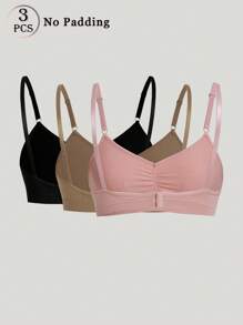 Women Casual Comfy Plain Ruched Bust Fabric Bralettes 3 Packs Non Padded Medium Stretch Bras - Multicolor - View 2