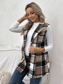 SHEIN Chaqueta sin mangas a cuadros casual y cómoda para embarazadas - Camel - Ver 3