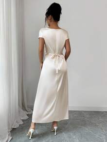 Elenzga 加大码女式束腰短袖宽松领口优雅百搭通勤约会派对长款舒适H型连衣裙 - 杏色 - 查看 2