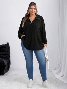 SHEIN CURVE+ 大码法式休闲拉链罗纹针织T恤，秋冬 - 黑色 - 查看 7