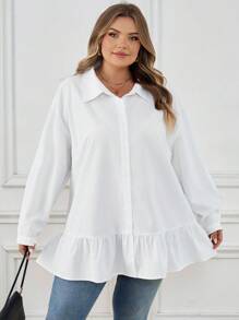 SHEIN CURVE+ 大码女式荷叶边下摆长袖纽扣衬衫，夏季宽松中长款衬衫上衣，秋季女式长袖紧身外套，冬季，CURVE PLUS/秋冬 - 白色 - 查看 5