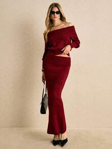 Poéselle 优雅红色针织露肩两件套 - 紅色 - 查看 5