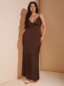 SHEIN BAE Plus Size Women's Sleeveless V-Neck Backless Maxi Satin Dress, Yellow, Suitable For Vacation, Music Festivals, Birthday, Brunch, Wedding Guest, Elegant Dress Party Dresses For Women,Fall Women Clothes,School Clothes,Y2k Clothes,Country Outfits Women,Vintage Clothes Women,Festival Outfits Women,Wedding Guest Dress Curve/,Valentine's Day,Valentine Outfits For Women