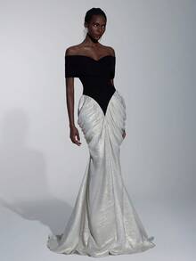 Elitara 优雅奢华黑白缎面拼布涂层面料不对称露肩荷叶边鱼尾下摆正式晚礼服女式 - 黑與白 - 查看 1