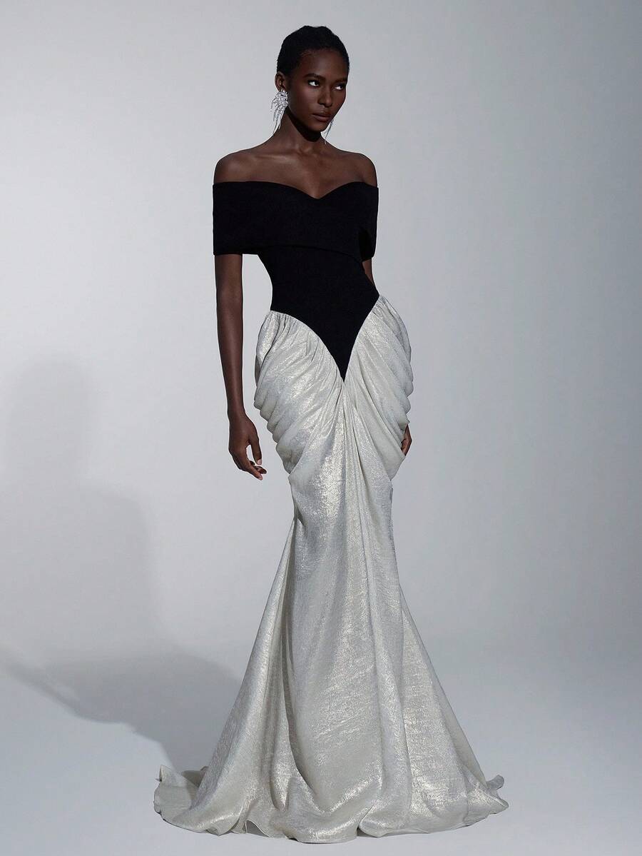 Elitara 优雅奢华黑白缎面拼布涂层面料不对称露肩荷叶边鱼尾下摆正式晚礼服女式 - 黑與白 - 查看 1