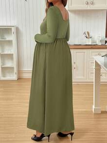 SHEIN Vestido de maternidad de unicolor con drapeado para otoño - Verde militar - Ver 2