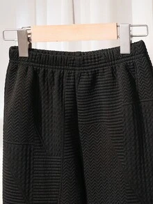 SHEIN 2 件套年轻男孩夹克和裤子套装，休闲学院风纹理面料夹克，适合返校、大学、秋冬季、假期、除夕、复古风格、圣诞节、新年 - 黑色 - 查看 5