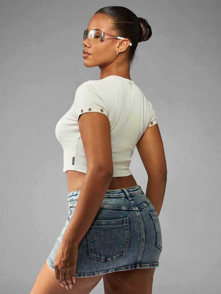 Missguided x Playboy Cotton Eyelet Detail Crop Baby Tee Short Sleeve Crew Neck T-Shirt Festival Summer Cropped Top