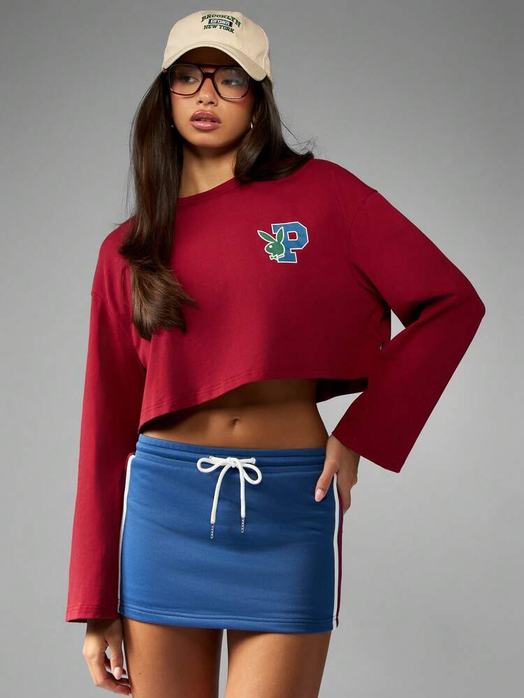 Missguided x Playboy Sweat-shirt-shirt graphique en coton pour femmes, Top court à manches longues avec imprimé logo, style universitaire, mode automne-hiver