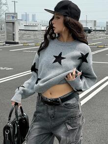 DAZY 女式宽松圆领印花街头风毛衣秋季 - 灰色 - 查看 4