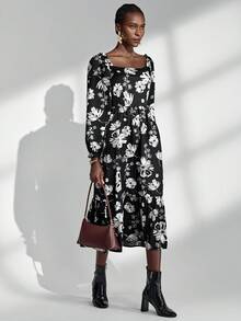 Chiquease Schwarzes romantisches Blumenkleid, Vintage französischer Quadratausschnitt, elegantes und modisches Langkleid für Frauen, Frühling/Sommer - Schwarz - Übersicht 6