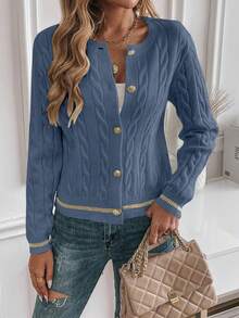 EMERY ROSE Women's Casual Versatile Colorblock Striped Cardigan Fall Winter Cloth For Women - Dusty Blue - View 4