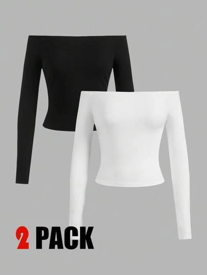 SHEIN BASICS 2 piezas Camiseta básica de manga larga, ajustada y con hombros descubiertos para mujer, adecuada para el otoño