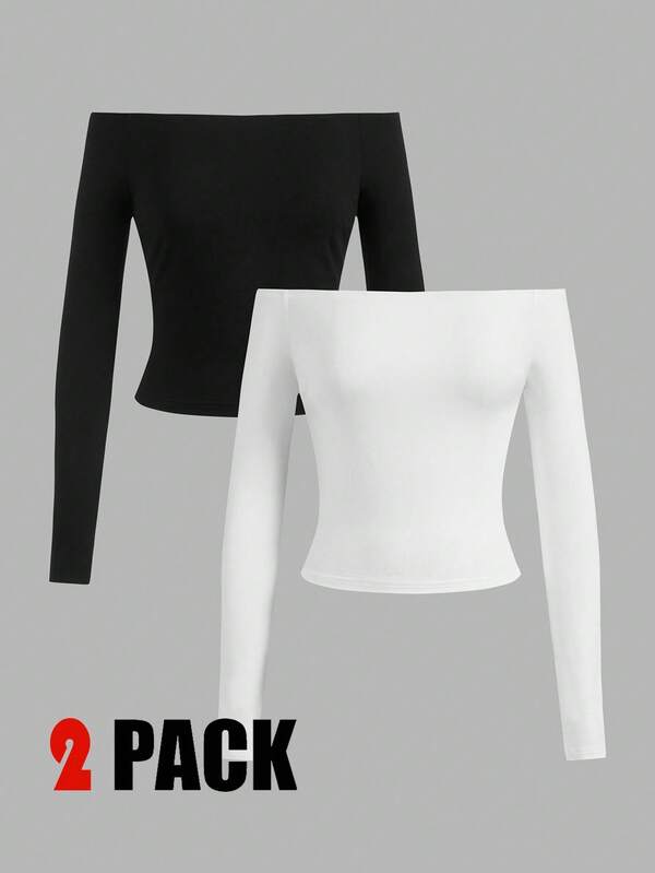 SHEIN BASICS 2 Stücke Damen Lässig Off-Shoulder Enges Langarm Basic T-Shirt, geeignet für den Herbst