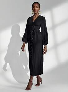 Almamuse Elegant Black Maxi Dress,V-Neck Single-Breasted Long Sleeve Flared Party Night Dress,Fashionable Versatile Women Autumn Spring Clothing - Black - View 7