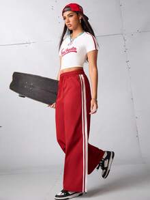 SHEIN Sports Women's Casual Drawstring Waist Contrast Striped Side Loose Wide Leg Sports Pants,Red Track Activewear Workout Pants - Red - View 4