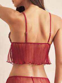 SHEIN Women's Contrast Lace Pleated Mesh Hem Sexy Sheer Bra Top - Burgundy - View 2